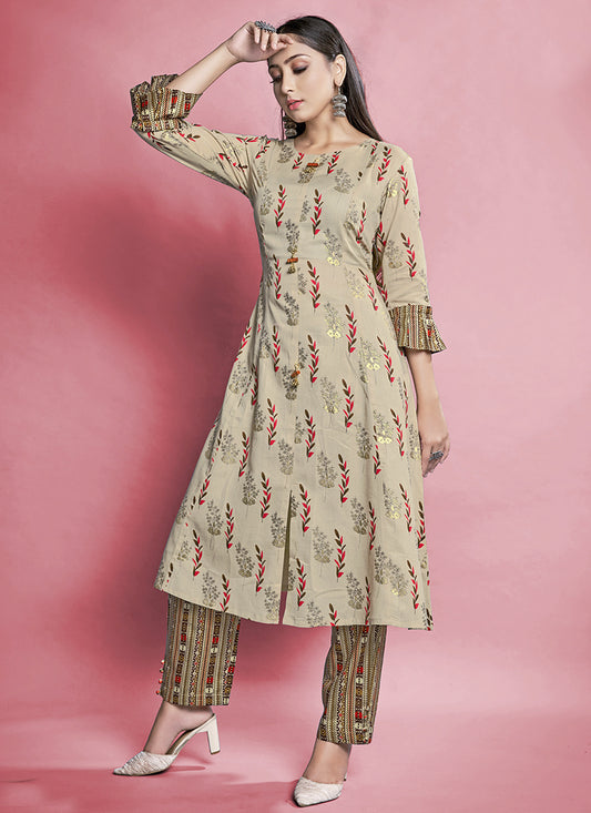 Beige Cotton Printed Long Kurti