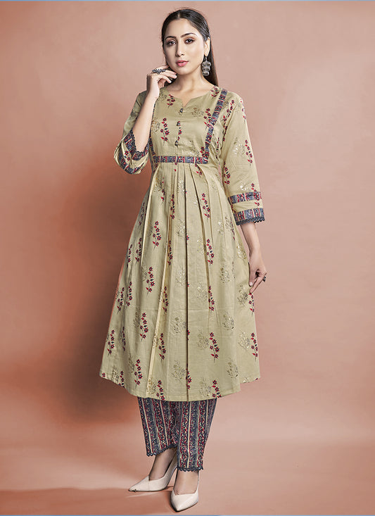 Beige Cotton Printed Long Kurti