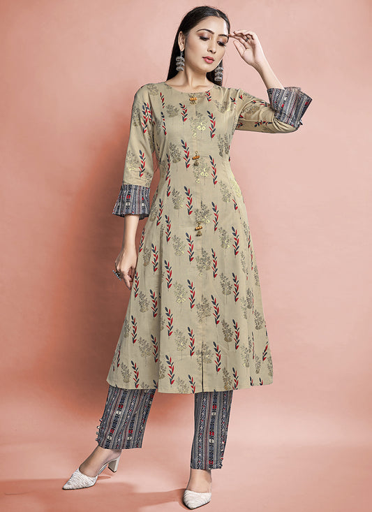 Beige Cotton Printed Long Kurti