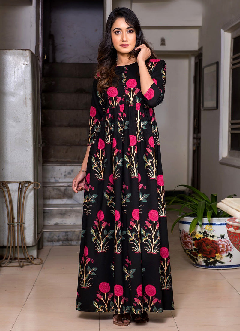 Black Muslin Indo Western Gown With Digital Print