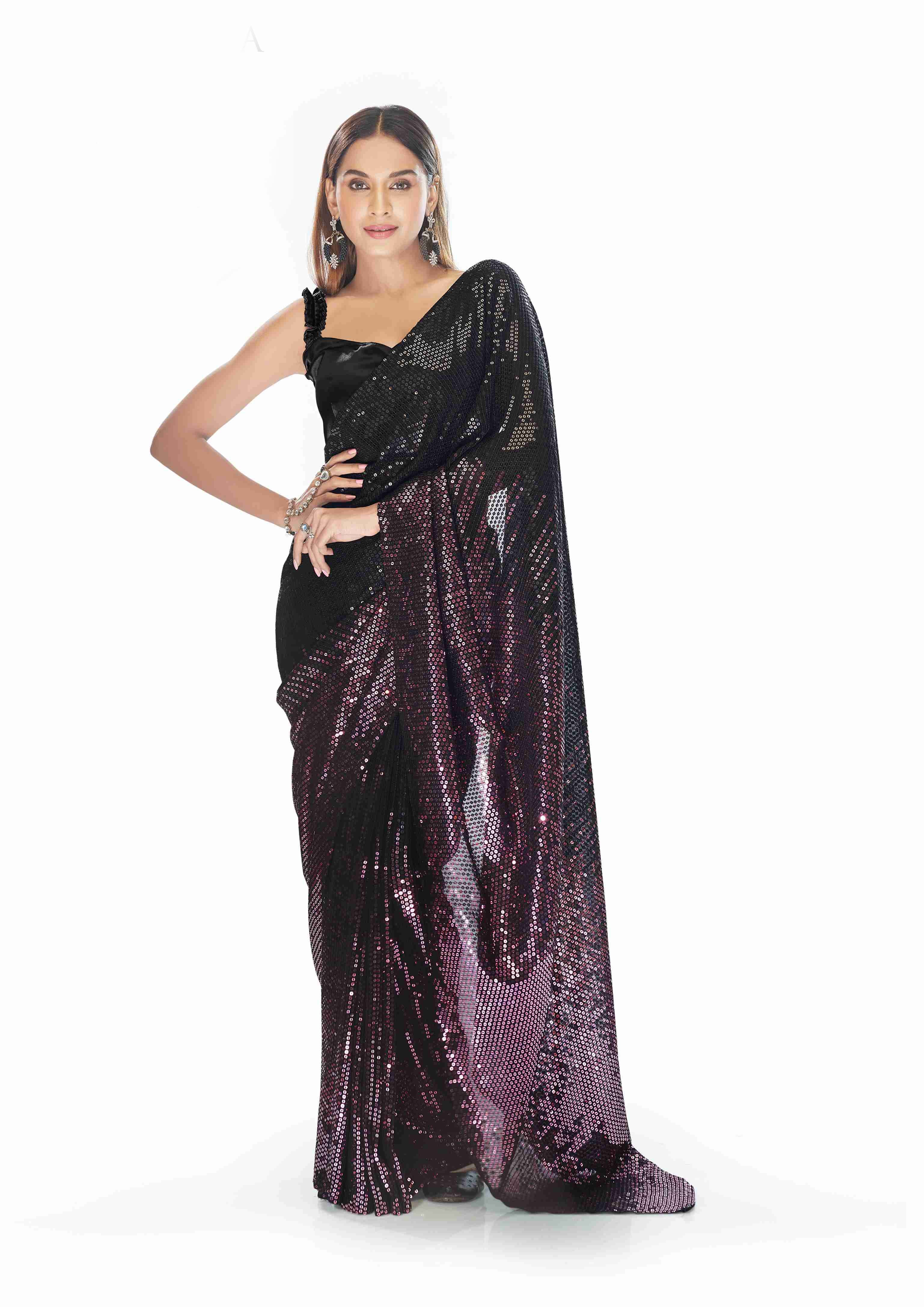 Embellished Border Crepe Saree in Dark Purple : SEW13562