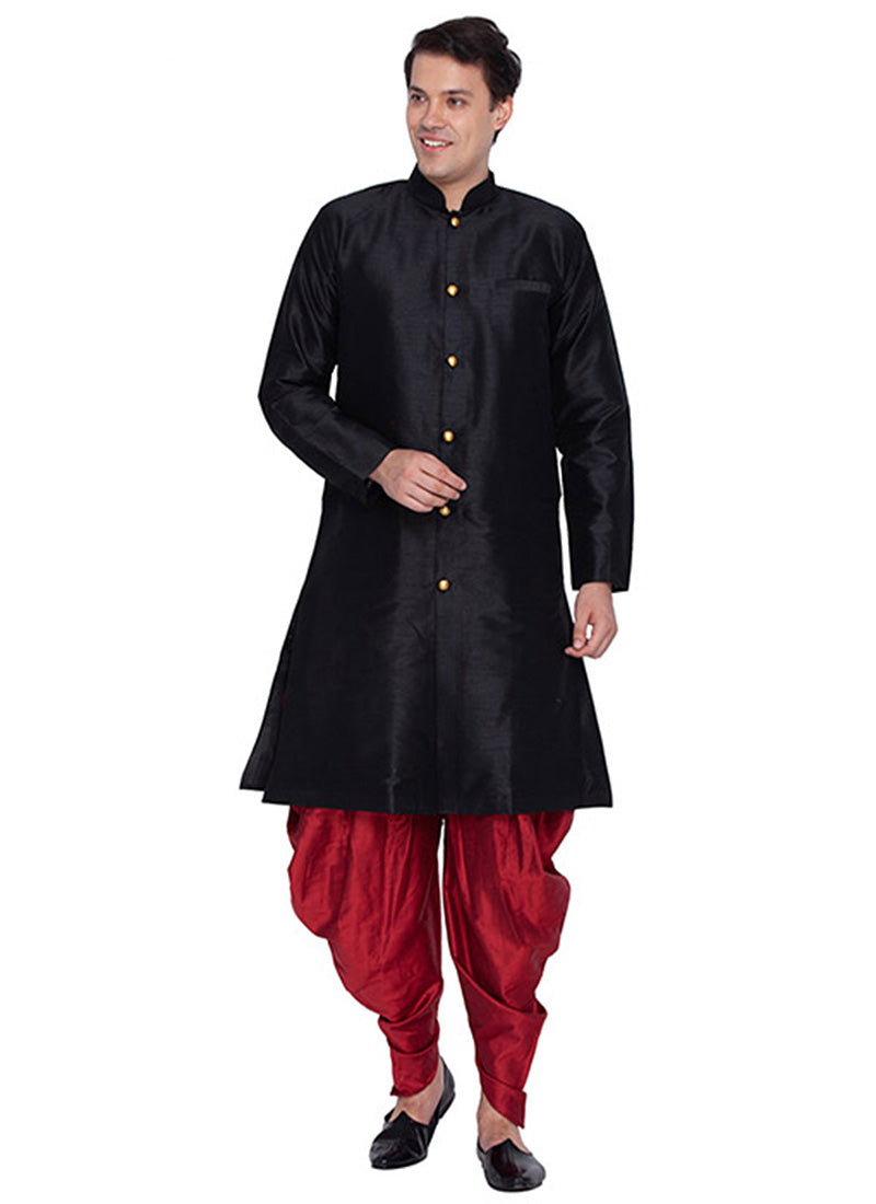 Black & Red Silk Kurta with Dhoti