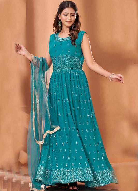 Blue Georgette Anarkali Suit With Mirror Work