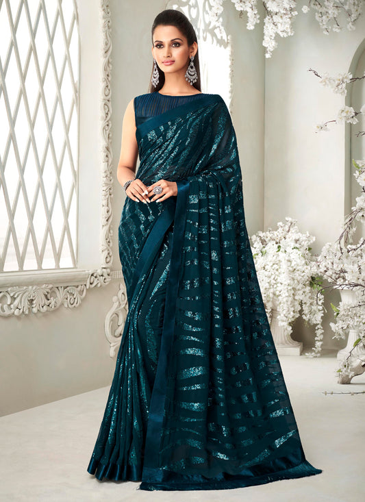 Blue Georgette Party Wear Saree With Sequins Work