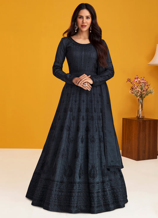 Navy Blue Readymade Silk Anarkali Suit