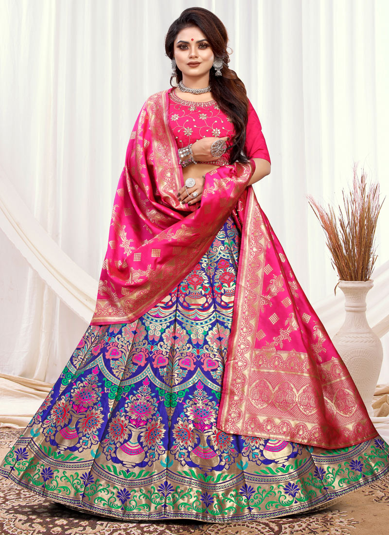 Blue & Pink Banarasi Silk Lehenga Choli