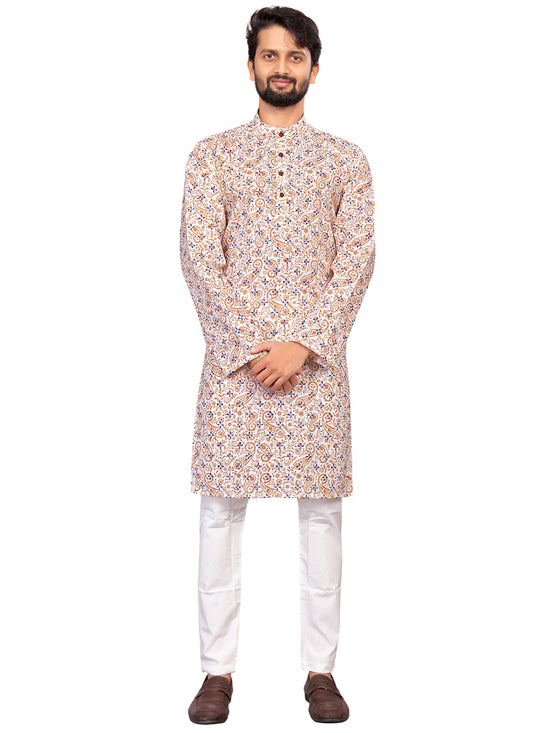 White & Brown Printed Men's Kurta Pajama