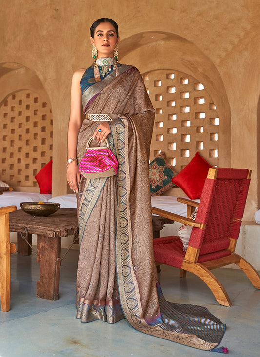 Brown Silk Bandhni Saree With Jacquard Border
