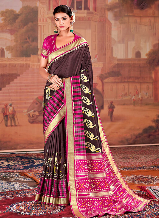 Brown & Pink Printed Silk Saree