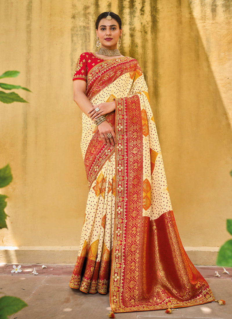 Cream Viscose Saree with Embroidery Border