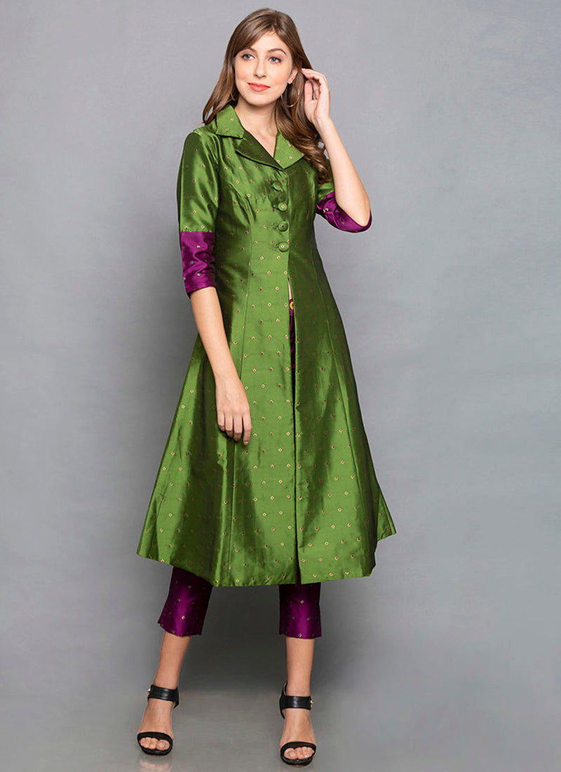 Dark Green Art Silk Kurti with Pant