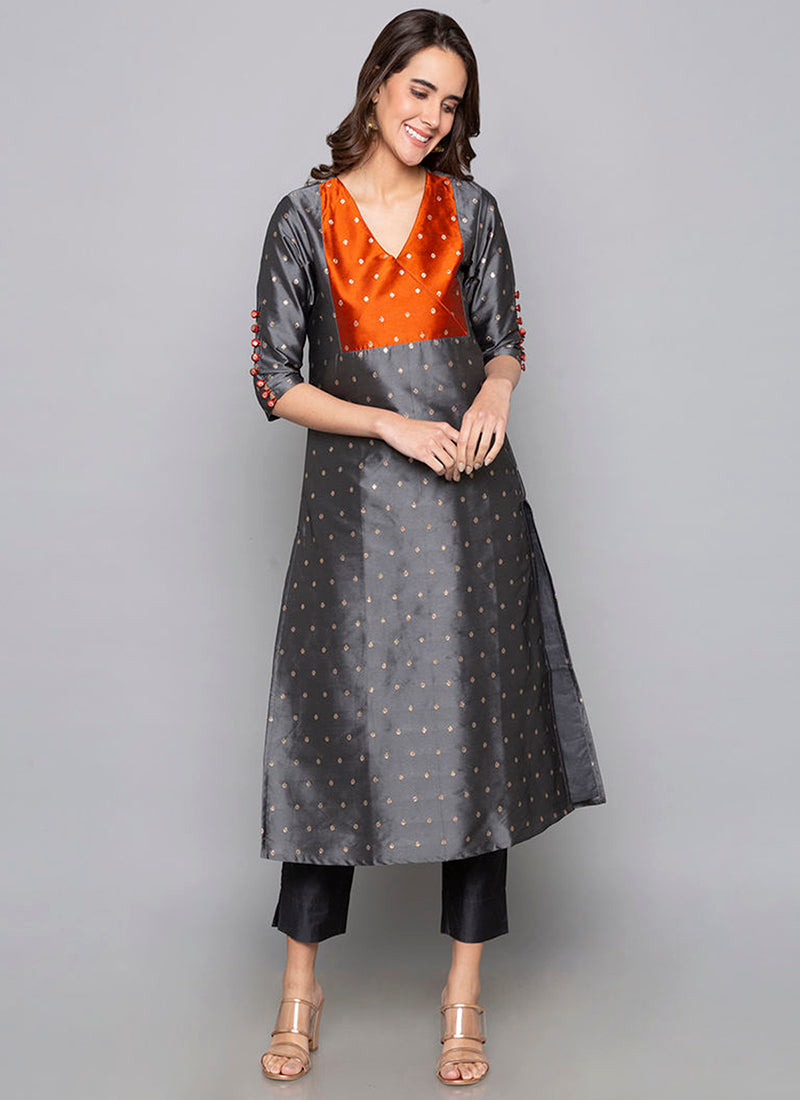 Gray Art Silk Kurti with Pant