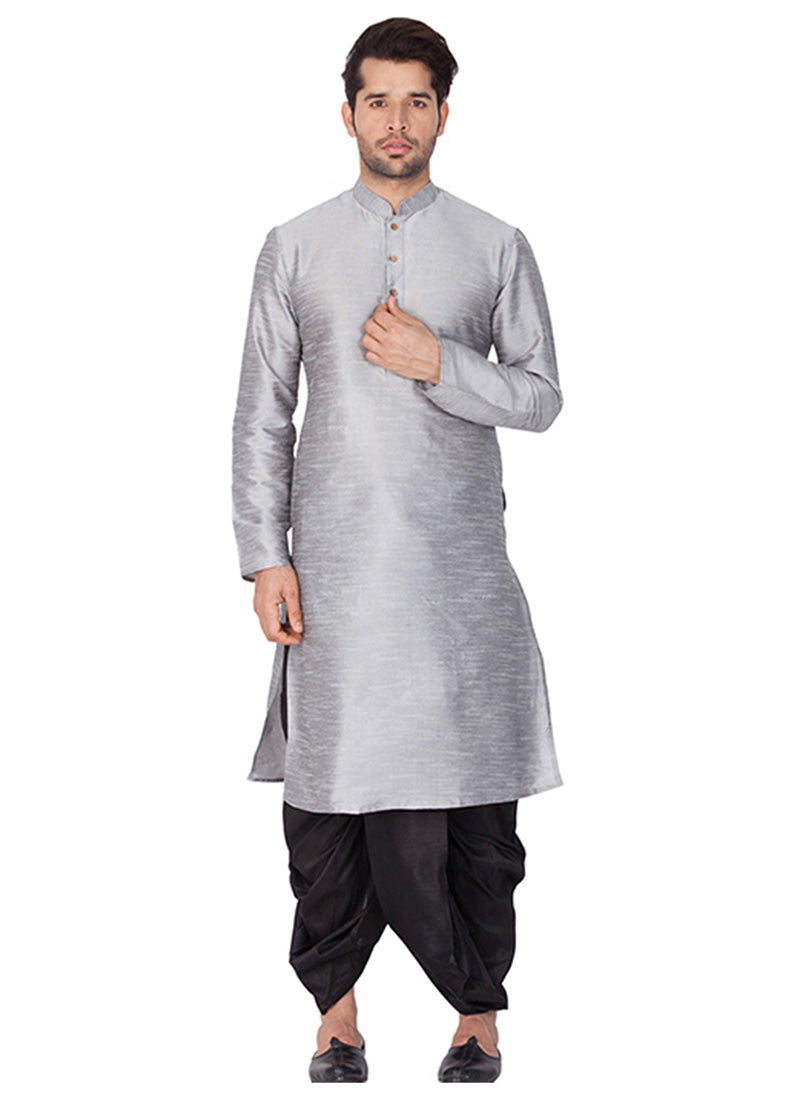 Gray & Black Silk Kurta with Dhoti