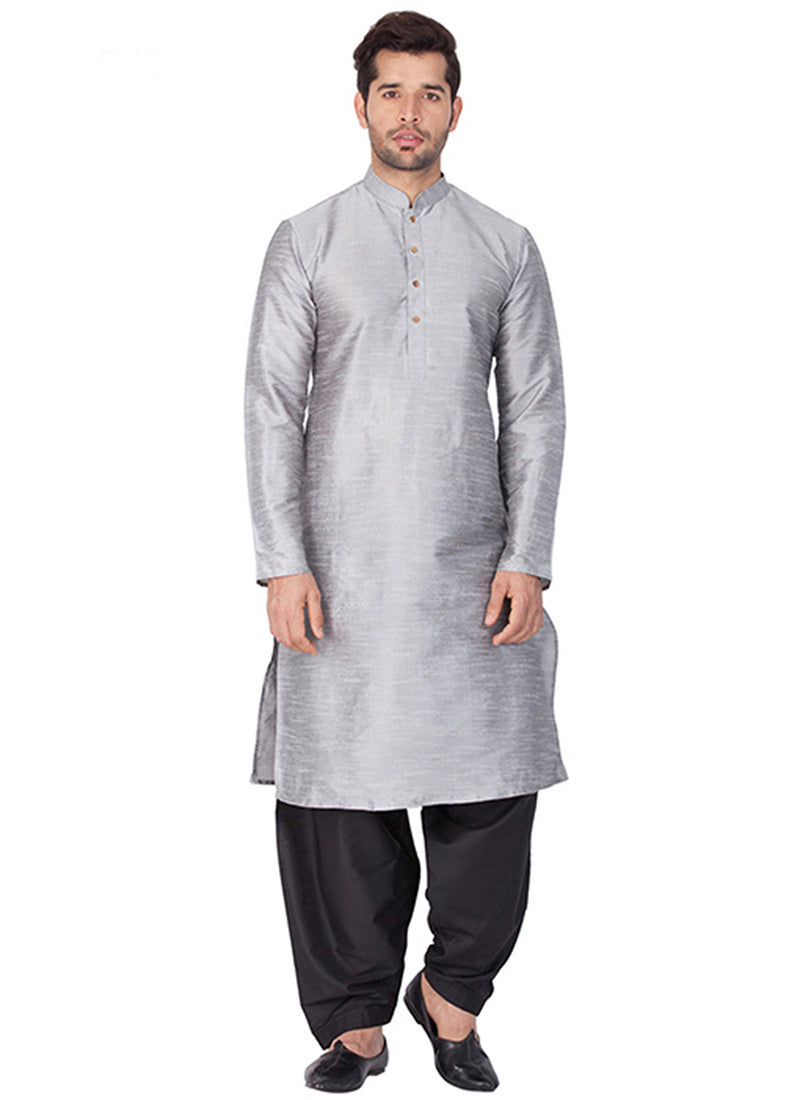 Gray & Black Silk Kurta with Dhoti