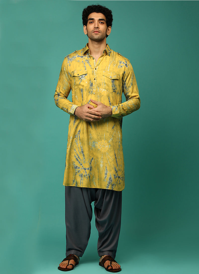 Mustard & Gray Rayon Printed Kurta