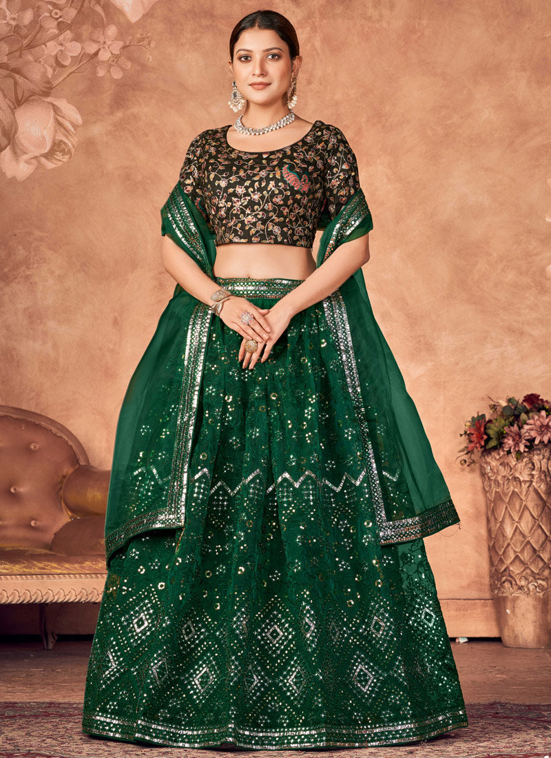 Green Organza Lehenga Choli with Sequins Embroidered Work