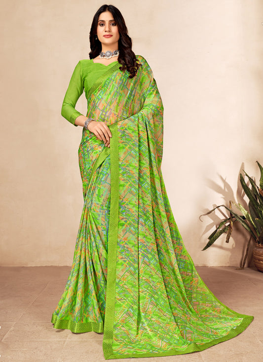 Green Printed Leheriya Chiffon Saree
