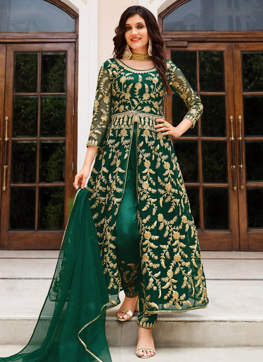 Green Pure Net Anarkali Salwar Kameez with Heavy Embroidery & Sequins Work