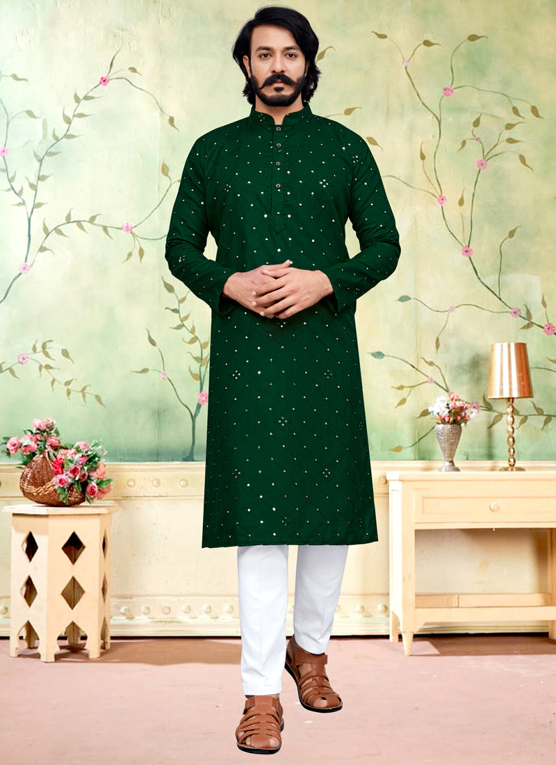 Green Silk Embroidered Men's Kurta Pajama