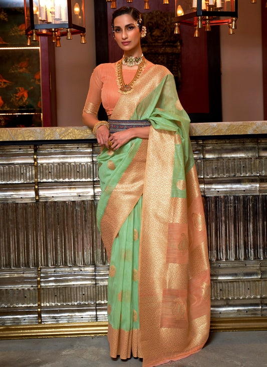 Green & Peach Pure Linen Saree with  Weaving, Contrast Pallu & Border