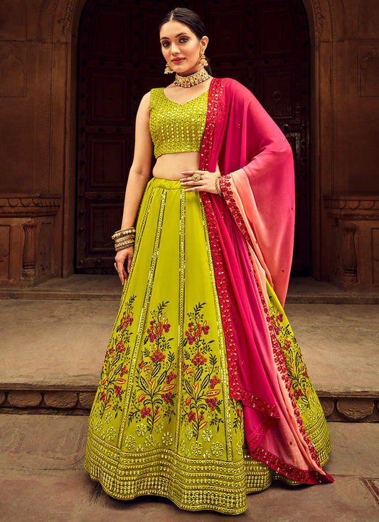 Green & Pink Georgette Lehenga Choli with Thread, Sequins & Embroidery work