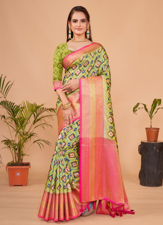 Green & Pink Silk Saree With Digital Print Work