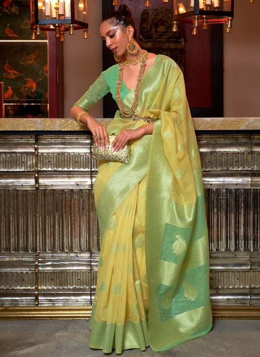 Green & Yellow Pure Linen Saree with  Weaving, Contrast Pallu & Border