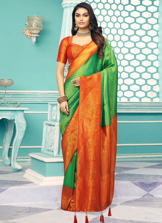 Green & Orange Silk Pattu Saree