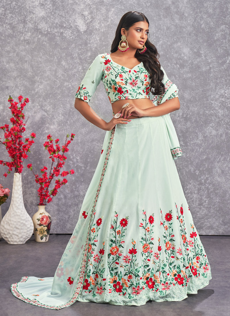 Light Green Georgette Lehenga Choli With Embroidery, Thread & Sequins Work