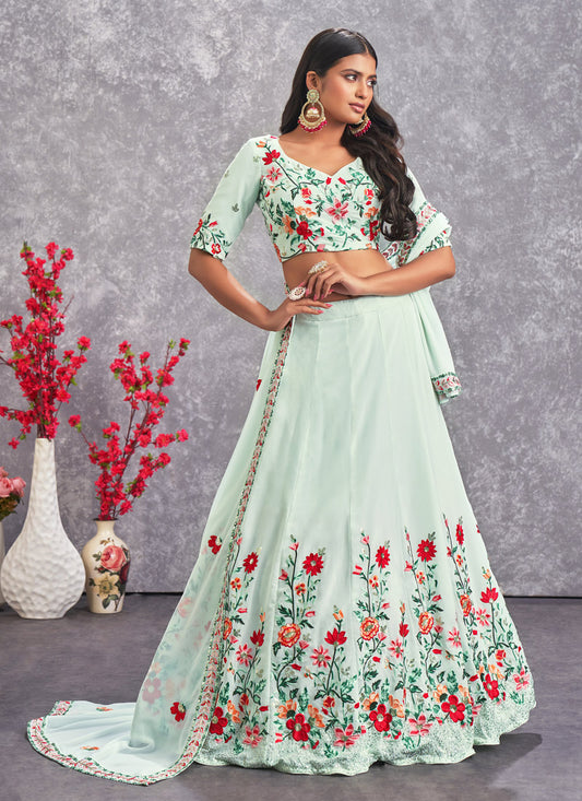 Light Green Georgette Lehenga Choli With Embroidery, Thread & Sequins Work