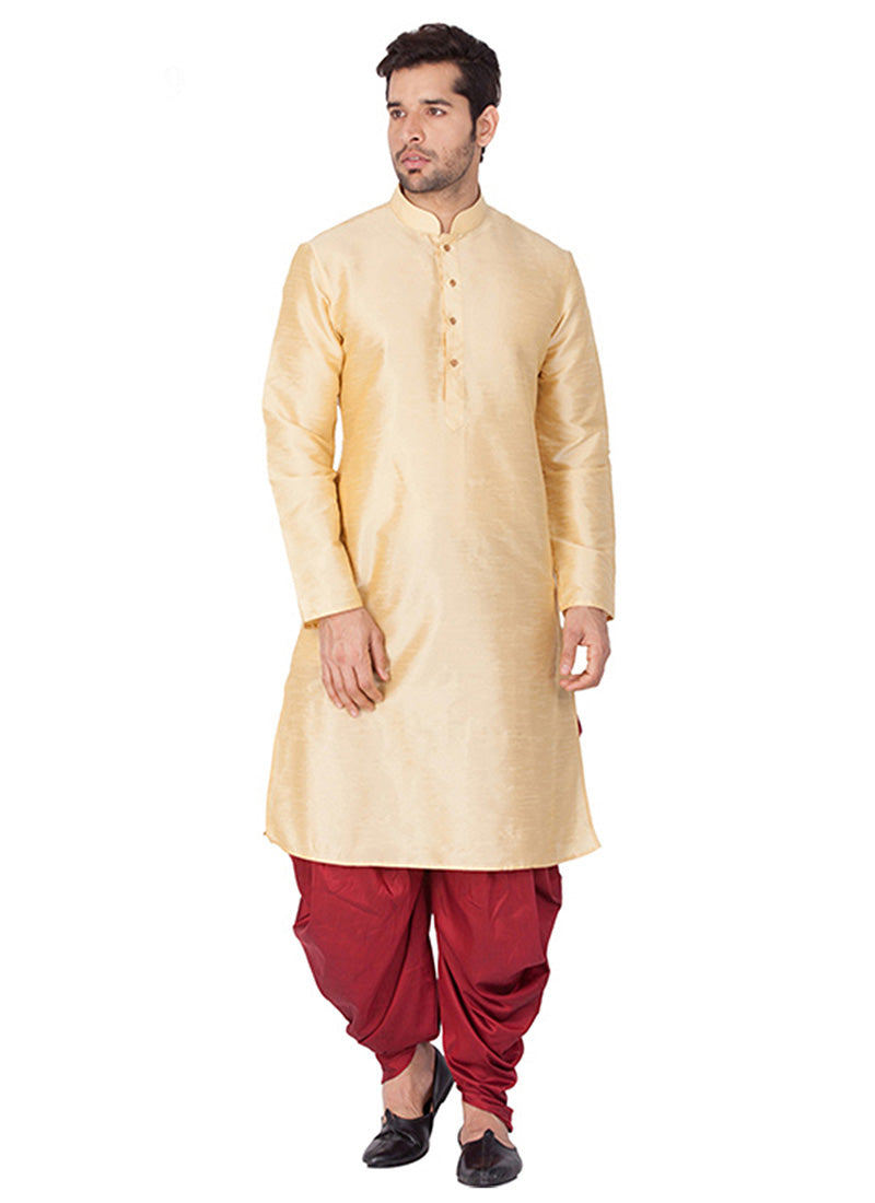 Peach & Red Silk Kurta with Dhoti