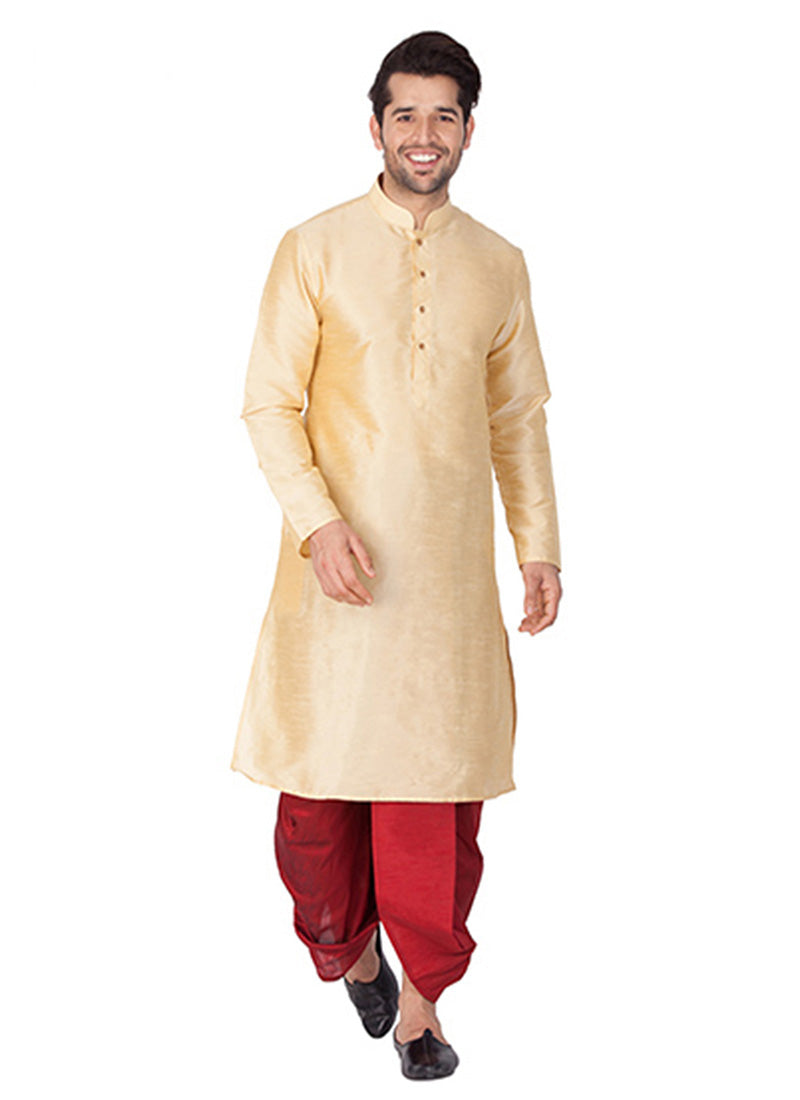 Light Peach & Red Silk Kurta with Dhoti