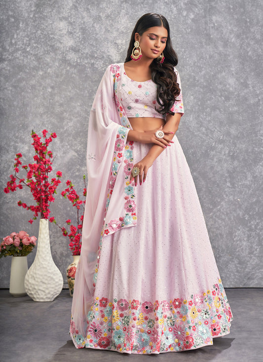 Light Pink Georgette Lehenga Choli With Embroidery, Thread & Sequins Work