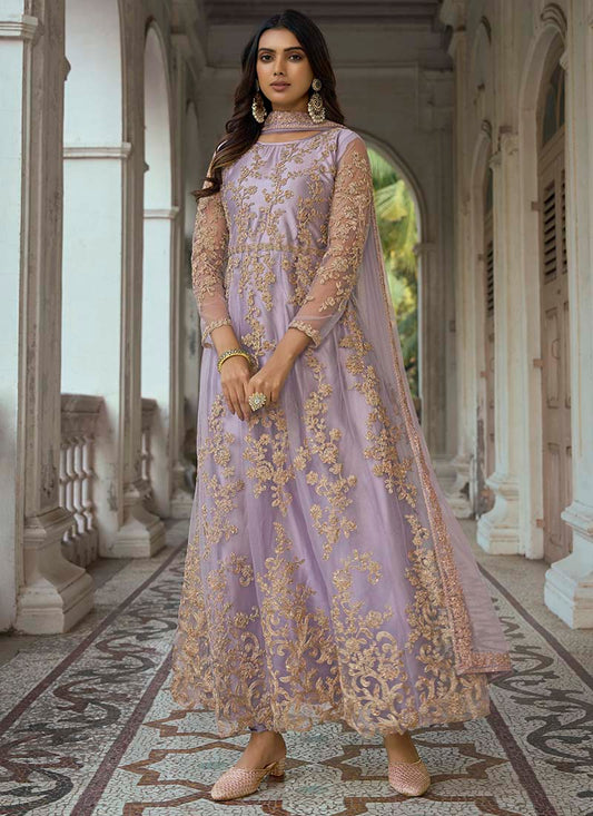 Light Purple Net Embordered Anarkali Suit