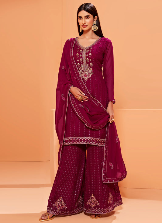 Magenta Sharara Suit with Thread & Sequins Embroidery