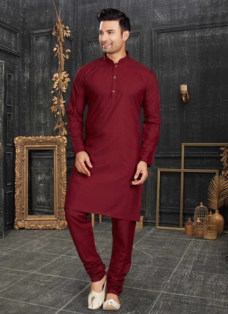 Maroon Cotton Men's Kurta Pajama