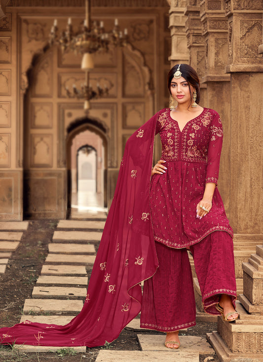 Maroon Sharara Suit With Embroidery Work