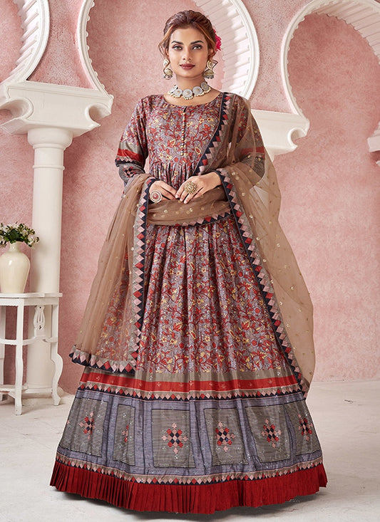 Maroon Silk Printed Anarkali Gown