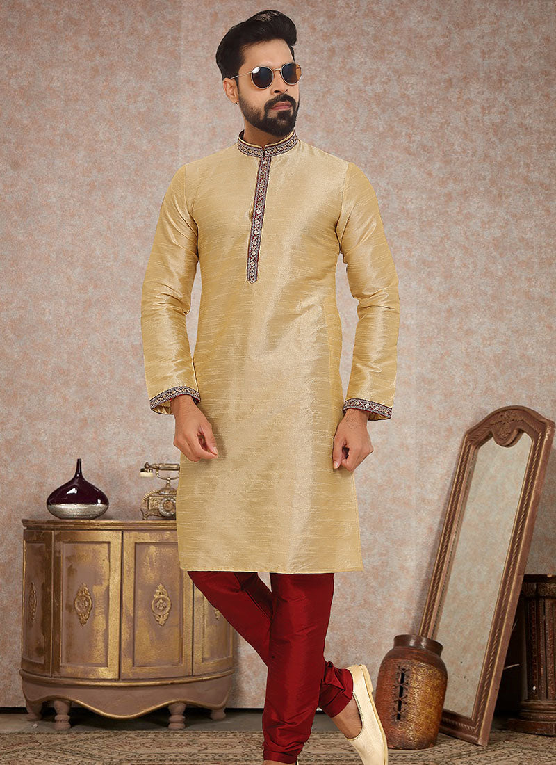 Men Dupion Silk  Beige Kurta Pajama