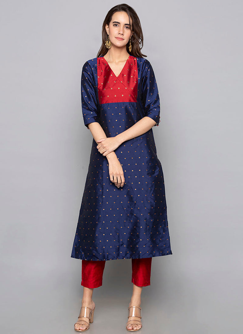 Navy Blue Art Silk Kurti with Pant