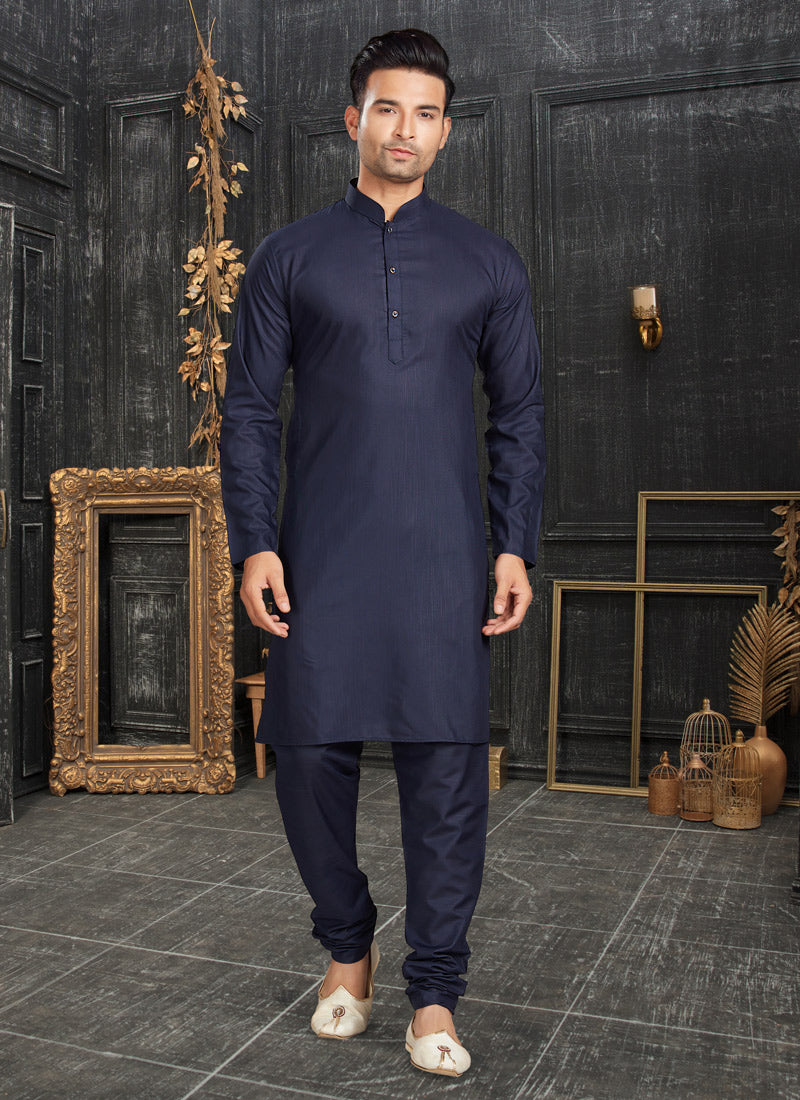 Navy Blue Cotton Men's Kurta Pajama