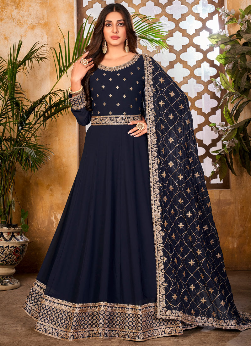 Navy Blue Faux Georgette Anarkali Suit