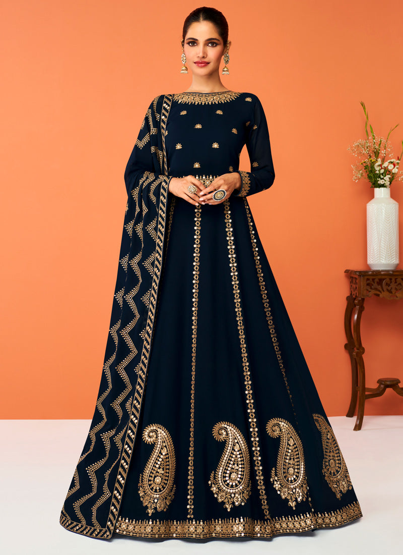 Navy Blue Georgette Embroidered Anarkali Suit