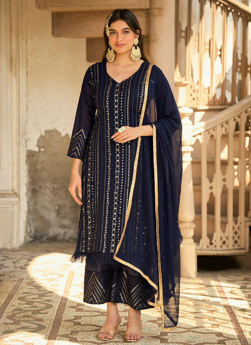 Navy Blue Georgette Pant Style Salwar Kameez