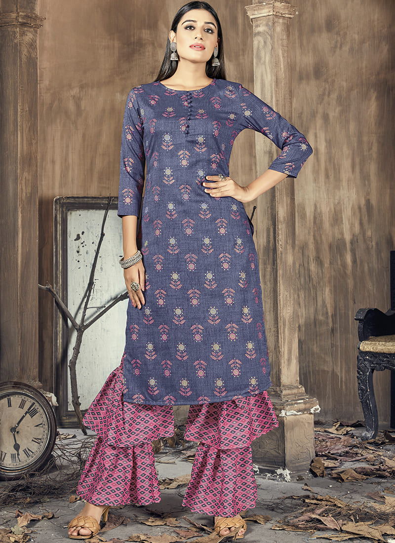 Navy Blue Rayon Kurti with Sharara Pant