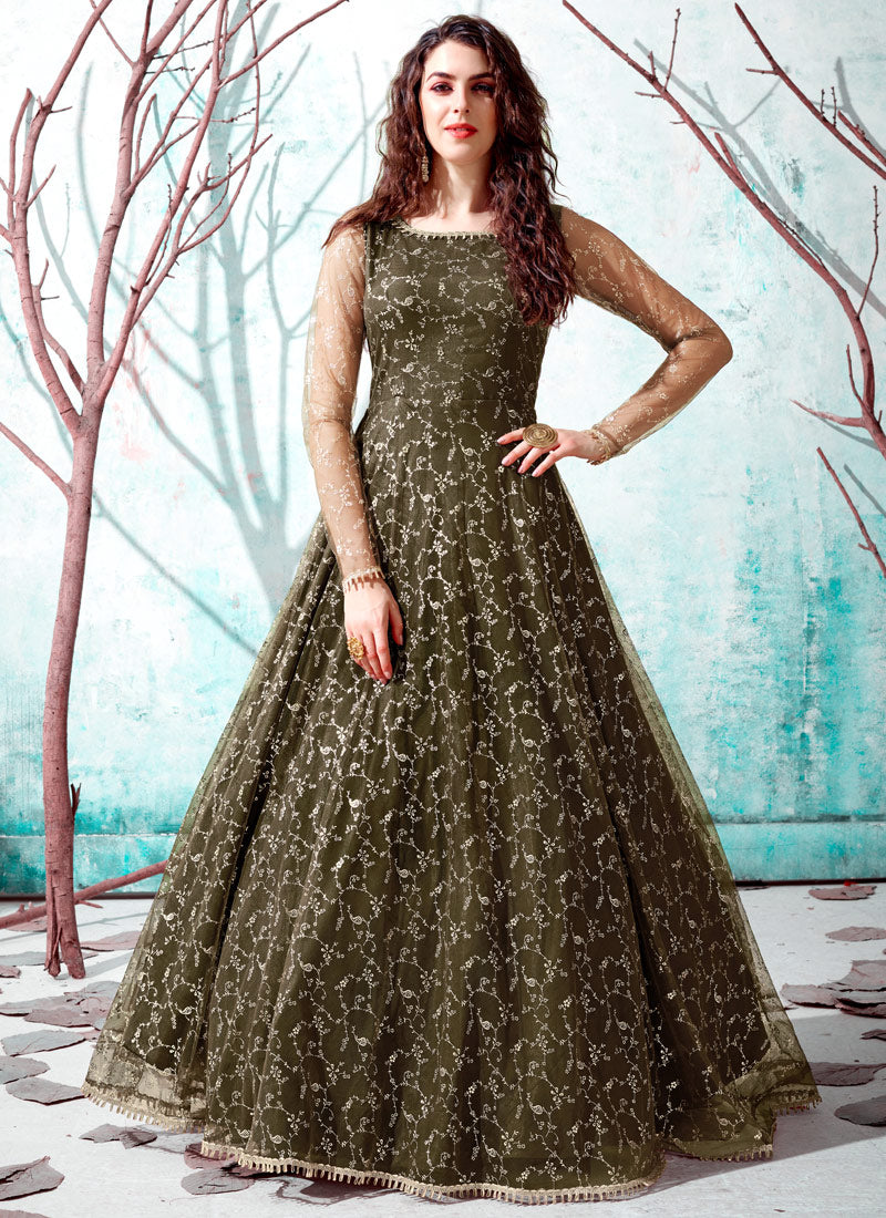 Olive Green Designer Gown