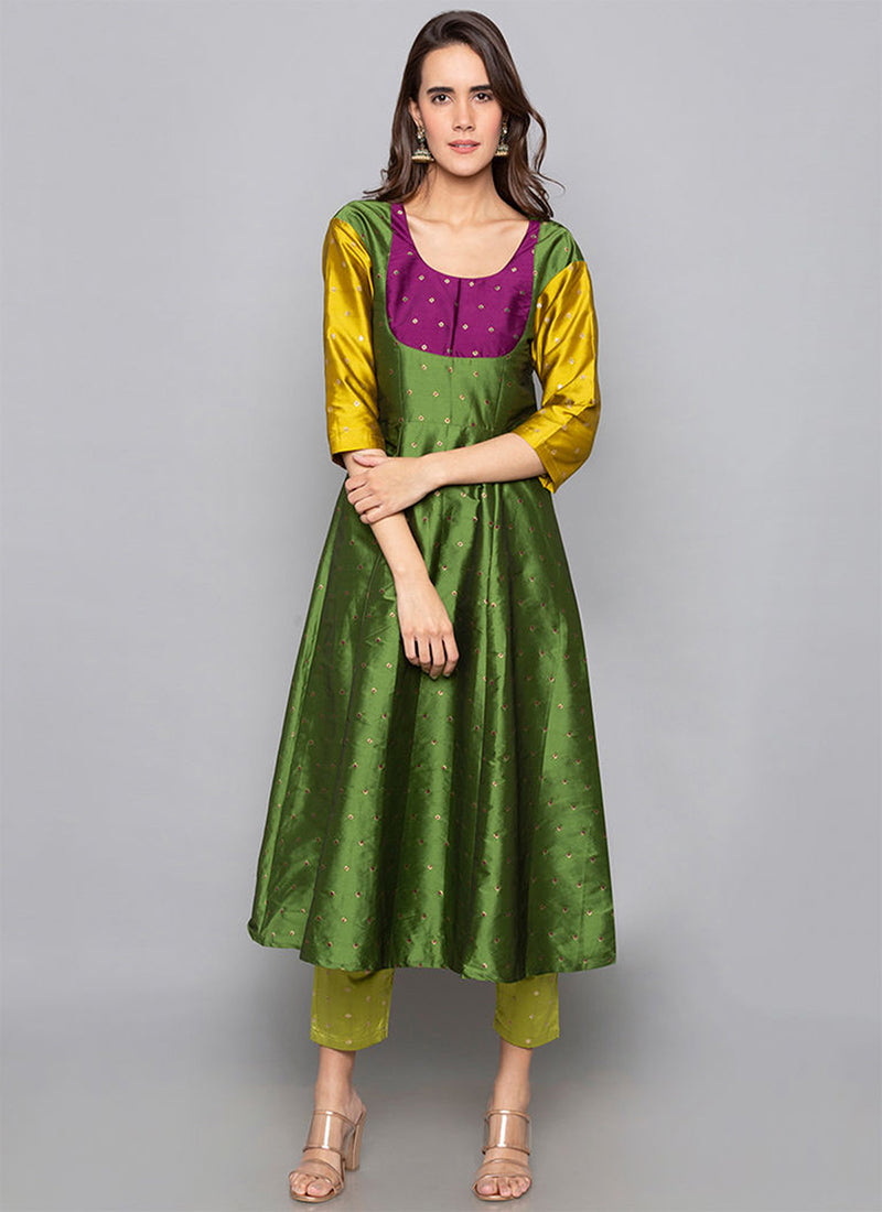 Olive Green Art Silk Kurti with Pant