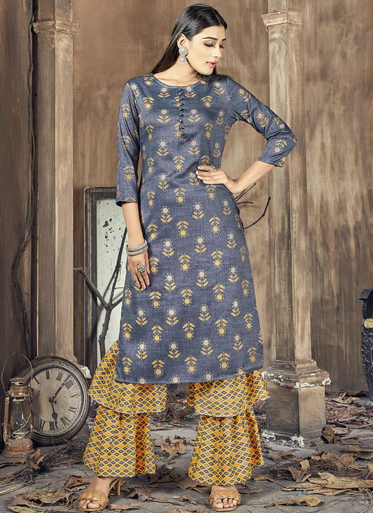 Navy Blue Rayon Kurti with Sharara Pant