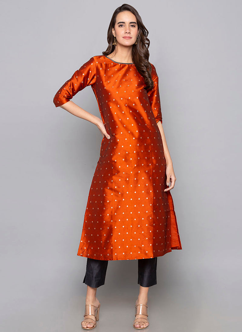 Orange Art Silk Kurti with Pant