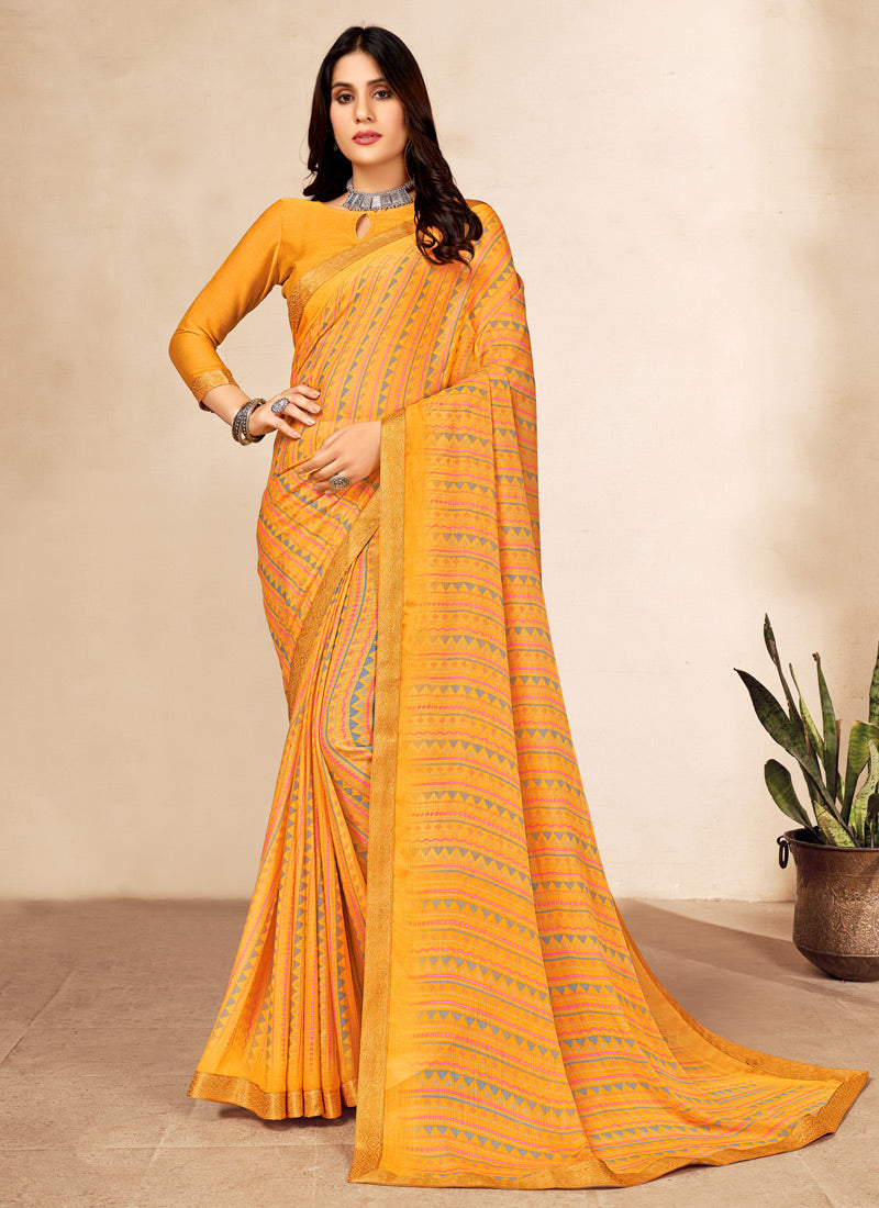 Orange Printed Leheriya Chiffon Saree